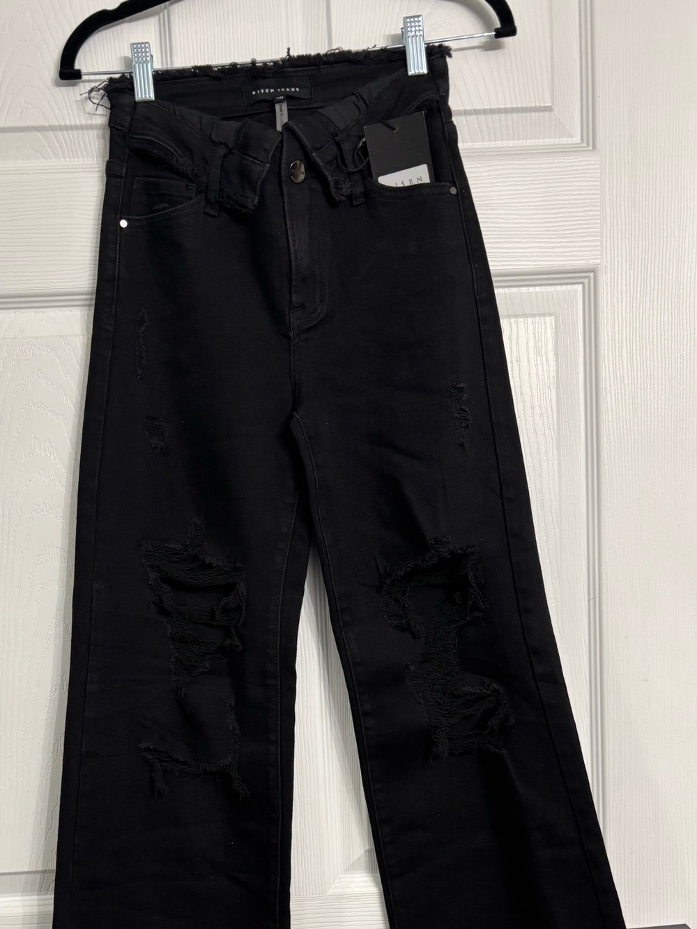 High-Rise Black Distressed Wide-Leg Jeans - Women